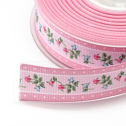 Flower Printed Grosgrain Ribbons, Pearl Pink, 1 inch(25mm), about 100yards/roll(91.44m/roll)(ORIB-L004-02)