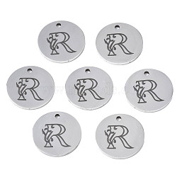 304 Stainless Steel Charms, Laser Cut, Designed Letter Engraved, Flat Round, Stainless Steel Color, Letter.R, 14x1mm, Hole: 1.2mm(STAS-T059-26P-R)