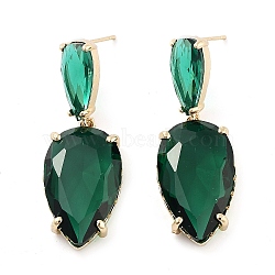 Glass Teardrop Dangle Stud Earrings, Light Gold Brass Earrings, Green, 45x16mm(EJEW-Q800-16D-KCG)