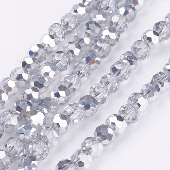 1 Strand Electroplate Glass Beads Strands, Half Plated, Faceted(32 Facets), Round, Silver Plated, 6mm, Hole: 1mm, about 98~100pcs/strand, 22.6 inch