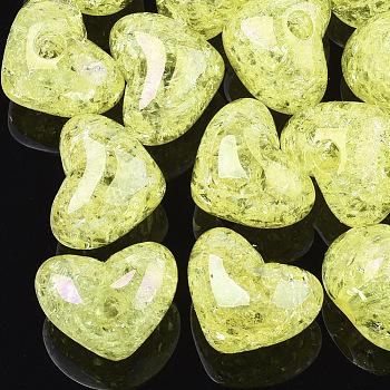 Transparent Crackle Acrylic Beads, Half Drilled Beads, Heart, Yellow, 14.5x18x13mm, Half Hole: 3.5mm