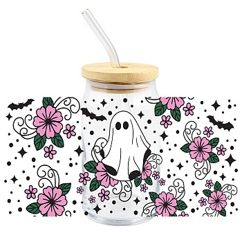 Halloween Ghost PET Self-Adhesive Bottle Decorative Stickers, Waterproof Decals for Bottle Decor, Orchid, 230x110mm