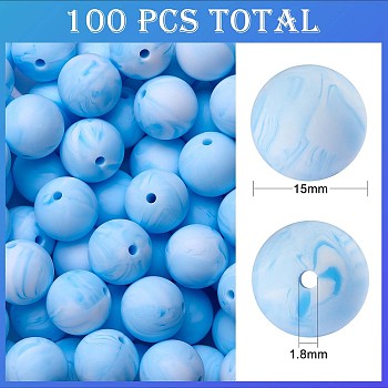 100Pcs Silicone Beads Round Rubber Bead 15MM Loose Spacer Beads for DIY Supplies Jewelry Keychain Making, Light Sky Blue, 15mm
