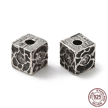 925 Sterling Silver Beads, Square, with S925 Stamp, Antique Silver, 4.3x4.3x4.3mm, Hole: 1.2mm