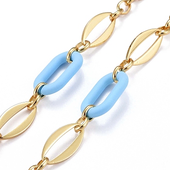 Handmade Brass Oval Link Chains, with Acrylic Linking Rings, Unwelded, Real 18K Gold Plated, Sky Blue, Link: 8.5x6.5x2mm and 24x12x2mm, Acrylic: 27.5x16.5x4.5mm. 