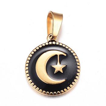 304 Stainless Steel Enamel Pendants, Flat Round with Moon and Star, Golden, Black, 19x16x2mm, Hole: 4x6mm