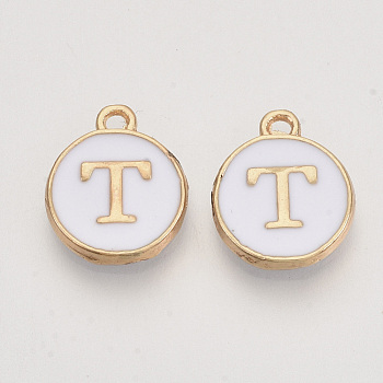 Golden Plated Alloy Charms, Cadmium Free & Lead Free, with Enamel, Enamelled Sequins, Flat Round with Letter, White, Letter.T, 14x12x2mm, Hole: 1.5mm