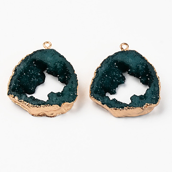 Druzy Resin Pendants, Imitation Geode Druzy Agate Slices, with Edge Light Gold Plated Iron Loops, Nuggets, Dark Green, 38~39x32.5~33.5x7~8mm, Hole: 1.6mm