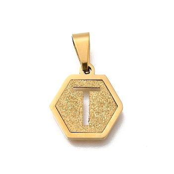 304 Stainless Steel Charms, Real 18K Gold Plated, Hexagon with Letter Charm, Letter T, 15x14x1.5mm, Hole: 3x5.5mm