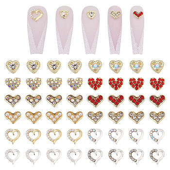 Olycraft 48Pcs 12 Style Heart Alloy Rhinestone Cabochons, with Plastic Imitation Pearl, Nail Art Studs, Nail Art Decoration Accessories for Women, Mixed Color, 5~10x6~8.5x1.5~3mm, 4pcs/style