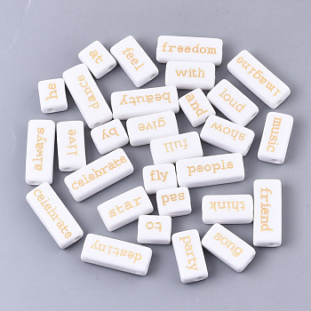 Opaque Acrylic Beads, with Enamel, Rectangle with Words, White, Gold, 12~24x9~10x6mm, Hole: 3mm, about 210pcs/250g