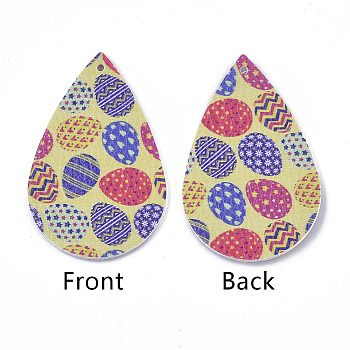PU Leather Big Pendants, Easter Theme, teardrop, with Egg Pattern, Colorful, 55x35x2mm, Hole: 2mm