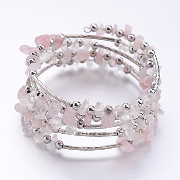 Five Loops Wrap Rose Quartz Beads Bracelets, with Crystal Chips Beads and Iron Spacer Beads, Pink, 2 inch(52mm)