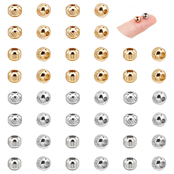 60Pcs 4 Style 201 & 304 Stainless Steel Beads, Round, Golden & Stainless Steel Color, 6x5mm, Hole: 1.5mm, 15pcs/style