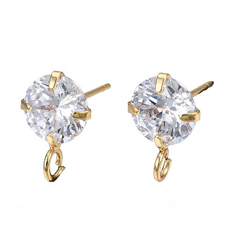 Brass Micro Clear Cubic Zirconia Stud Earring Findings, with Loop, Nickel Free, Real 18K Gold Plated, 12x8mm, Hole: 2mm, Pin: 0.7mm