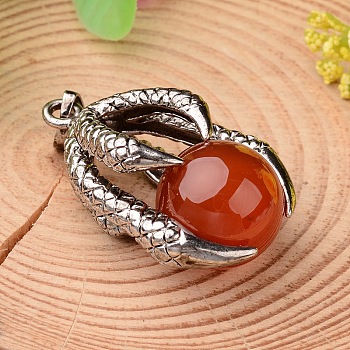 Natural Agate Pendants, with Antique Silver Plated Brass Findings, Claw with Round Ball, 34.5x23x16mm, Hole: 5x7mm