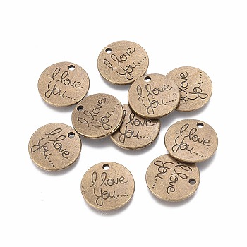 Tibetan Style Valentine's Day Alloy Pendants, Flat Round with Words I Love You, Cadmium Free & Nickel Free & Lead Free, Antique Bronze, 20x3mm, Hole: 2mm