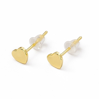 Brass Tiny Heart Stud Earrings for Women, Real 18K Gold Plated, 5x4.5mm, Pin: 0.8mm