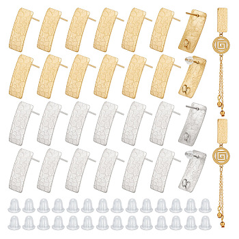 32Pcs 2 Color 304 Stainless Steel Stud Earrings, Rectangle, with Vertical Loops and 80Pcs Plastic Ear Nuts, Golden & Stainless Steel Color, 20x8.5mm, Hole: 2.5mm, Pin: 0.7mm, 16Pcs/color