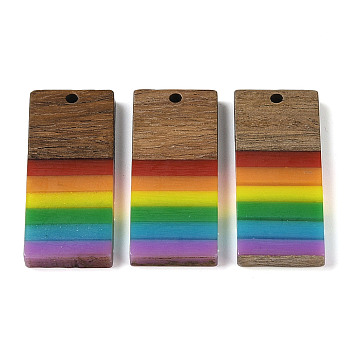 Pride Rainbow Theme Resin & Walnut Wood Pendants, Rectangle, Colorful, 38x15.5x3.5mm, Hole: 2mm