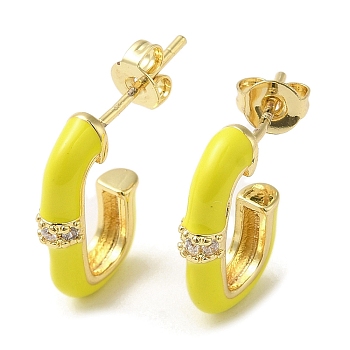 Real 18K Gold Plated Brass Oval Stud Earrings, Half Hoop Earrings with Enamel and Cubic Zirconia, Yellow, 17x3.5mm