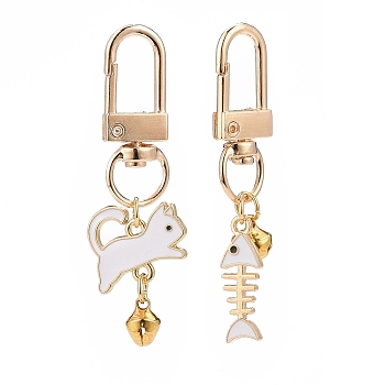 Cat & Fishbone Shape Alloy Enamel Charms Keychain, with Alloy Swivel Clasps and Bell, White, 59mm, 2pcs/set