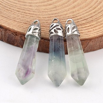 Bullet Natural Fluorite Pendants, with Platinum Tone Alloy Findings, 33~40x8~10mm, Hole: 3x2mm