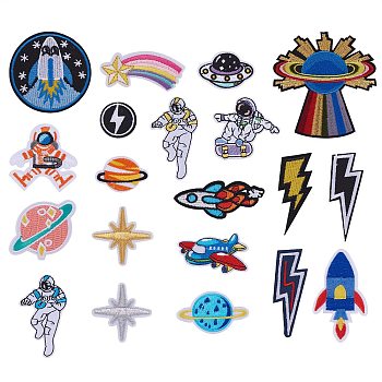 20Pcs 20 Style Computerized Embroidery Cloth Iron on/Sew on Patches, Costume Accessories, Planet & Spaceman & Clothes & Rocket & Airplane & UFO & Sun & Star & Lightning, Mixed Color, 30~100x22~96x1~1.5mm, 1pc/style
