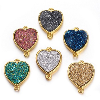 Brass Links connectors, with Druzy Resin, Golden Plated Color, Heart, Mixed Color, 19x15x3.5mm, Hole: 1.2mm