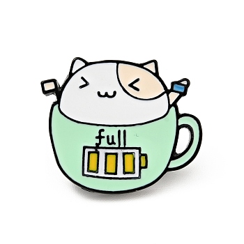 Coffee Cup Cat Enamel Pin, Word Full Alloy Badge for Backpack Clothes, Electrophoresis Black, Pale Green, 21x26x2mm