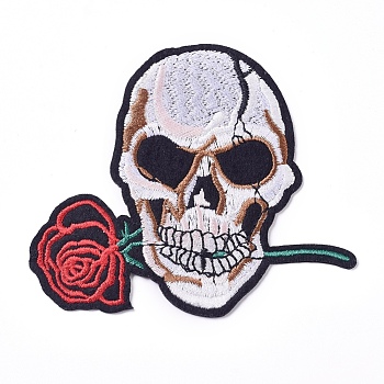Computerized Embroidery Cloth Iron on/Sew on Patches, Costume Accessories, Appliques, Skull with Rose, Floral White, 86x96x1.5mm