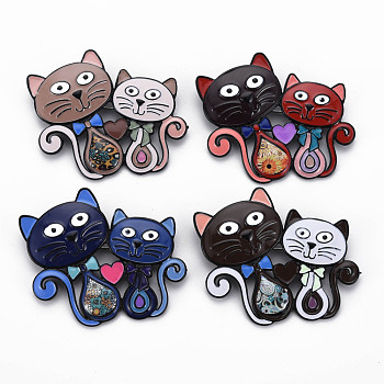 Double Cat Enamel Pin, Animal Alloy Brooch with Stickers for Backpack Clothes, Electrophoresis Black, Nickel Free & Lead Free, Mixed Color, 48x55x8.5mm, Pin: 0.8mm