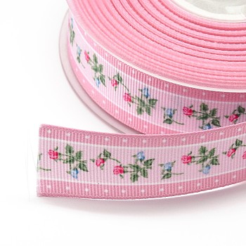 Flower Printed Grosgrain Ribbons, Pearl Pink, 1 inch(25mm), about 100yards/roll(91.44m/roll)