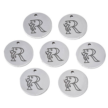 304 Stainless Steel Charms, Laser Cut, Designed Letter Engraved, Flat Round, Stainless Steel Color, Letter.R, 14x1mm, Hole: 1.2mm