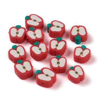 Handmade Polymer Clay Beads, Apple Slice, Red, 9.5~11x9~10x4.5~4.7mm, Hole: 1.6mm