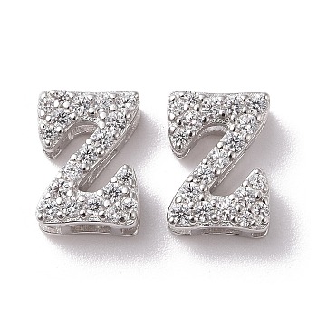 925 Sterling Silver Micro Pave Cubic Zirconia Beads, Real Platinum Plated, Letter Z, 9x6.5x3.5mm, Hole: 2.5x1.5mm