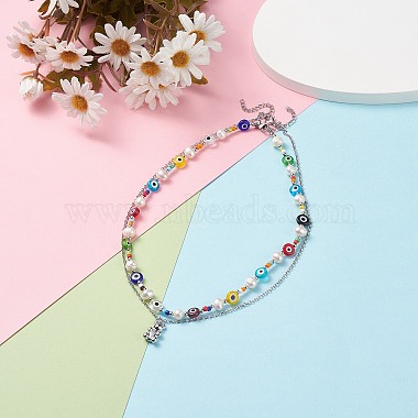 2 Stück 2 Stil Perlenketten mit Naturperlen und bösen Augen mit Bärenanhänger für Frauen(NJEW-TA00019)-2