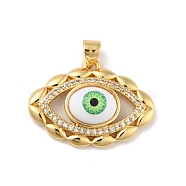 Brass Micro Pave Cubic Zirconia Pendants, with Acrylic, Cadmium Free & Lead Free, Long-Lasting Plated, Evil Eye, Real 18K Gold Plated, Green, 19.5x26x7mm, Hole: 4x3.5mm(KK-B059-44G-C)