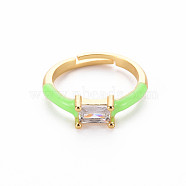 Brass Enamel Cuff Rings, Open Rings, with Clear Cubic Zirconia, Nickel Free, Rectangle, Golden, Light Green, US Size 7 1/4(17.5mm)(RJEW-T016-23J-NF)