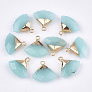 Electroplate Natural White Jade Pendants, with Brass Findings, Faceted, Triangle, Dyed, Golden, Aquamarine, 17~18x19~20x6~7mm, Hole: 1.8mm(G-T112-04F)