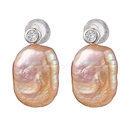 Natural Pearl Ear Studs, with Sterling Silver Micro Pave Clear Cubic Zirconia Findings, Oval, PeachPuff, Platinum, 17x10mm(EJEW-P286-27P)