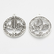 Tibetan Style Alloy Pendants, Flat Round with Leaf, Antique Silver, 31x27x3mm, Hole: 2mm(X-TIBEP-T004-76AS)