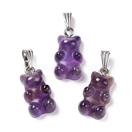 Natural Amethyst Pendants, with Stainless Steel Color Tone 201 Stainless Steel Findings, Bear, 27.5mm, Hole: 2.5x7.5mm, Bear: 21x11x6.5mm(G-G854-01P-07)