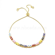 Enamel Evil Eye Beaded Slider Bracelet with Clear Cubic Zirconia Tiny Charms, Golden Brass Jewelry for Women, Colorful, Inner Diameter: 1-1/4~3-5/8 inch(3.3~9.15cm)(BJEW-G663-05G)