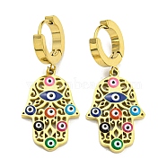 Ion Plating(IP) 304 Stainless Steel Dangle Hoop Earring with Enamel, Hamsa Hand with Evil Eye, Golden, 40.5x17mm(EJEW-H097-01G)