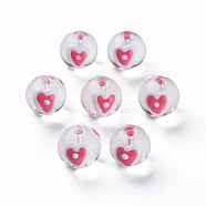 Transparent Glass Enamel Beads, Round with Heart, Hot Pink, 13.5~14x12~12.5x11.5mm, Hole: 1.6~2mm(GLAA-N049-009)