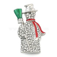 Christmas Theme Enamel Pins, Alloy Rhinestone Brooches for Backpack Clothes, Snowman with Broom, Platinum, 47x26.5mm(JEWB-S022-04C-P)