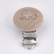 Beech Wood Baby Pacifier Holder Clips, with Iron Clips, Flat Round with Elephant, Platinum, BurlyWood, 45x30x18mm, Hole: 3.5x6mm(WOOD-T015-31)