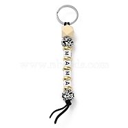 Wood and Plastic Beads Keychain Decorationes, with Silicone Beads and Metal Rings, MAMA Word, Black, 145mm(KEYC-B016-02)