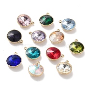 Faceted Glass Pendants, with Ion Plating(IP) Golden 304 Stainless Steel Findings, Mixed Color, Flat Round, 16x13x7mm, Hole: 1.6mm(STAS-P339-02G)